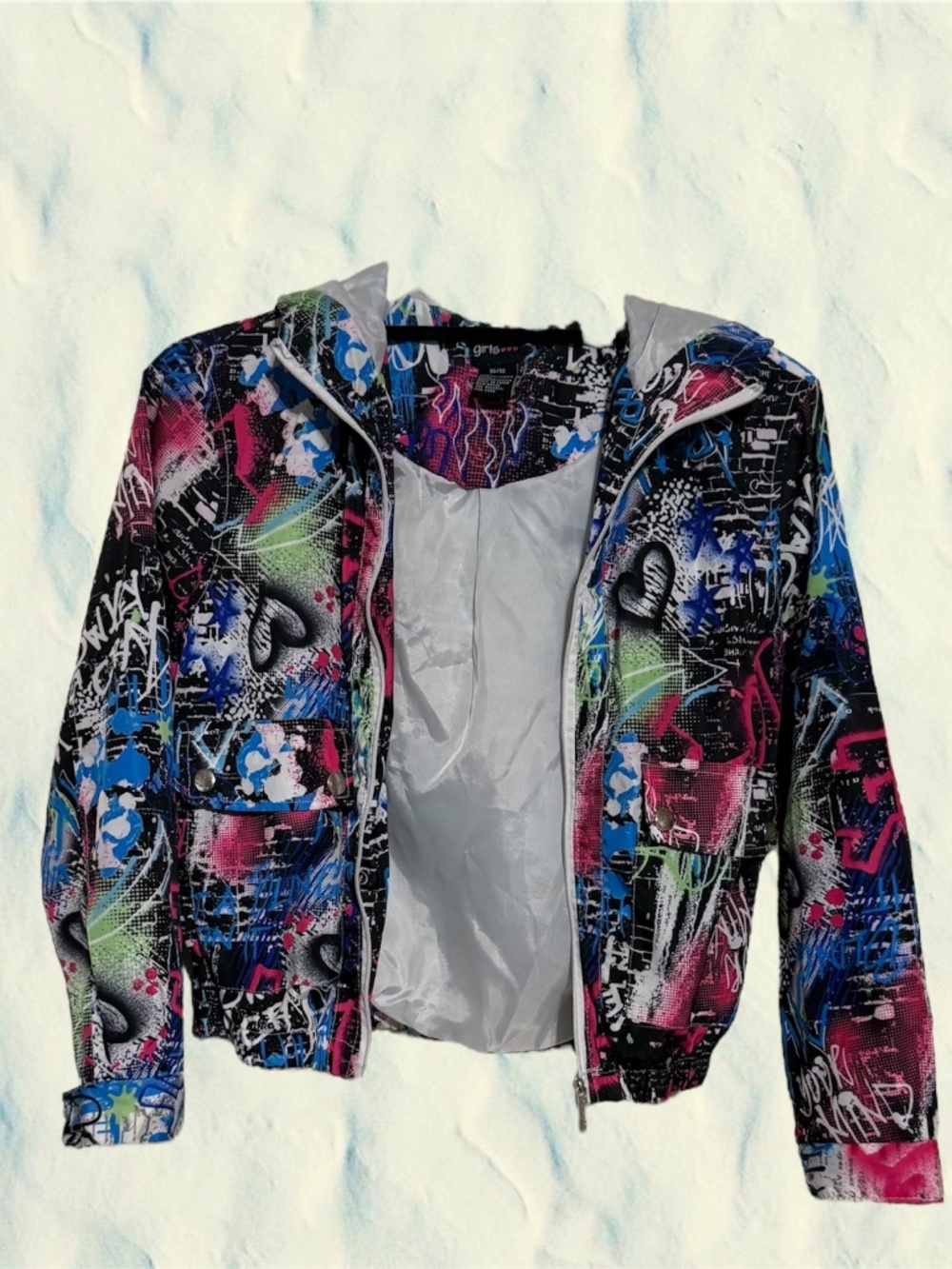 Girls Graffiti Print Hooded Zip-Up Jacket | Colorful Lightweight Windbreaker |